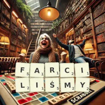 Kreatywna ilustracja do gry w Scrabble ze słowem FARCILIŚMY ułożonym z płytek na planszy.