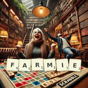 Kreatywna ilustracja do gry w Scrabble ze słowem FARMIE ułożonym z płytek na planszy.