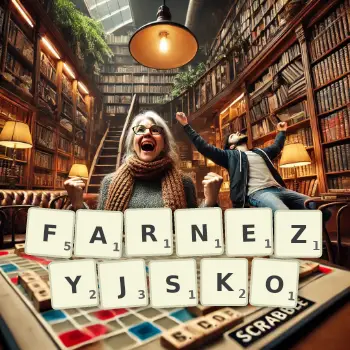 Kreatywna ilustracja do gry w Scrabble ze słowem FARNEZYJSKO ułożonym z płytek na planszy.