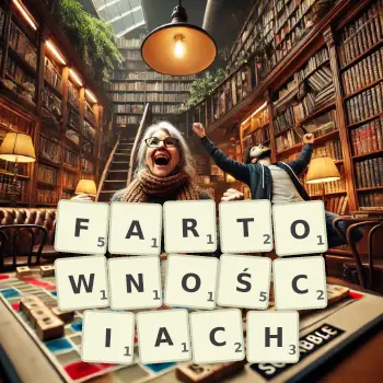 Kreatywna ilustracja do gry w Scrabble ze słowem FARTOWNOŚCIACH ułożonym z płytek na planszy.