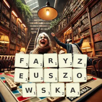 Kreatywna ilustracja do gry w Scrabble ze słowem FARYZEUSZOWSKA ułożonym z płytek na planszy.