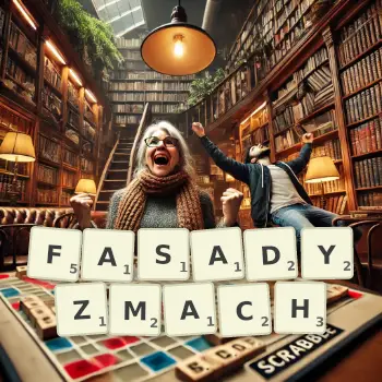 Kreatywna ilustracja do gry w Scrabble ze słowem FASADYZMACH ułożonym z płytek na planszy.