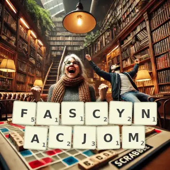 Kreatywna ilustracja do gry w Scrabble ze słowem FASCYNACJOM ułożonym z płytek na planszy.