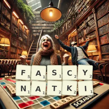 Kreatywna ilustracja do gry w Scrabble ze słowem FASCYNATKI ułożonym z płytek na planszy.