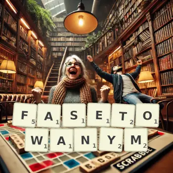 Kreatywna ilustracja do gry w Scrabble ze słowem FASETOWANYM ułożonym z płytek na planszy.