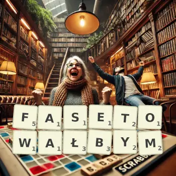 Kreatywna ilustracja do gry w Scrabble ze słowem FASETOWAŁBYM ułożonym z płytek na planszy.