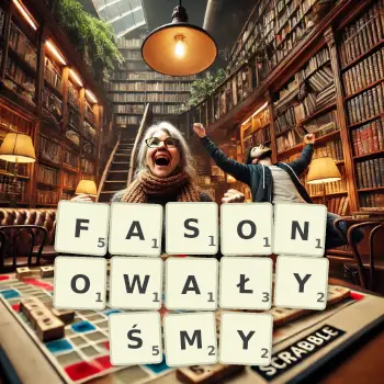 Kreatywna ilustracja do gry w Scrabble ze słowem FASONOWAŁYŚMY ułożonym z płytek na planszy.