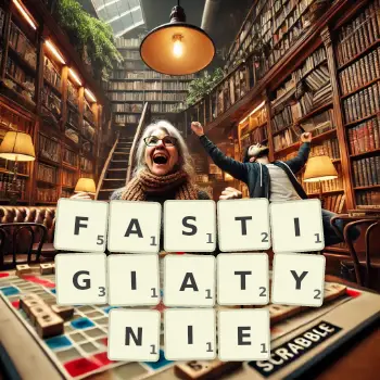 Kreatywna ilustracja do gry w Scrabble ze słowem FASTIGIATYNIE ułożonym z płytek na planszy.