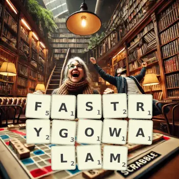 Kreatywna ilustracja do gry w Scrabble ze słowem FASTRYGOWALAM ułożonym z płytek na planszy.