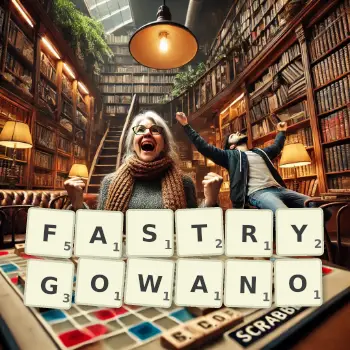 Kreatywna ilustracja do gry w Scrabble ze słowem FASTRYGOWANO ułożonym z płytek na planszy.