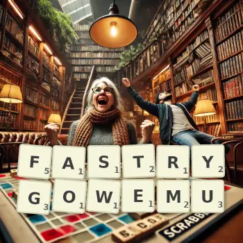 Kreatywna ilustracja do gry w Scrabble ze słowem FASTRYGOWEMU ułożonym z płytek na planszy.