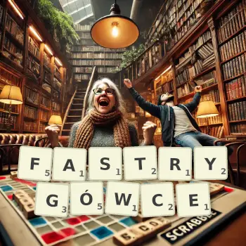 Kreatywna ilustracja do gry w Scrabble ze słowem FASTRYGÓWCE ułożonym z płytek na planszy.