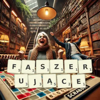 Kreatywna ilustracja do gry w Scrabble ze słowem FASZERUJĄCE ułożonym z płytek na planszy.