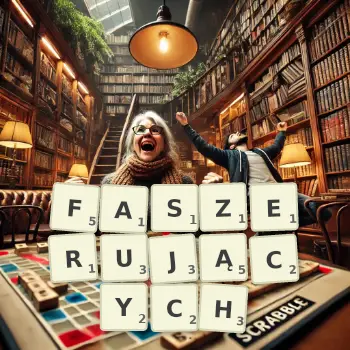 Kreatywna ilustracja do gry w Scrabble ze słowem FASZERUJĄCYCH ułożonym z płytek na planszy.