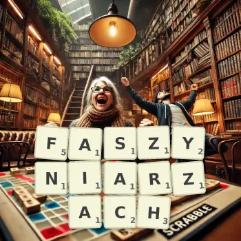Kreatywna ilustracja do gry w Scrabble ze słowem FASZYNIARZACH ułożonym z płytek na planszy.