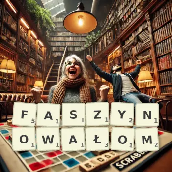 Kreatywna ilustracja do gry w Scrabble ze słowem FASZYNOWAŁOM ułożonym z płytek na planszy.