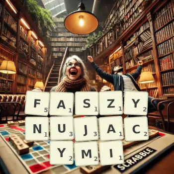 Kreatywna ilustracja do gry w Scrabble ze słowem FASZYNUJACYMI ułożonym z płytek na planszy.
