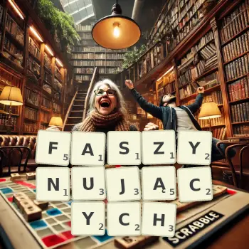 Kreatywna ilustracja do gry w Scrabble ze słowem FASZYNUJĄCYCH ułożonym z płytek na planszy.