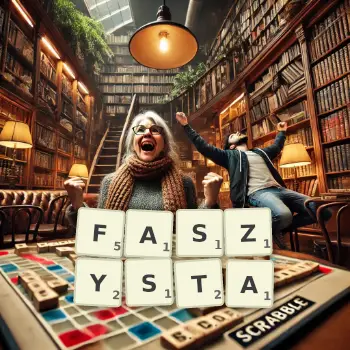 Kreatywna ilustracja do gry w Scrabble ze słowem FASZYSTA ułożonym z płytek na planszy.