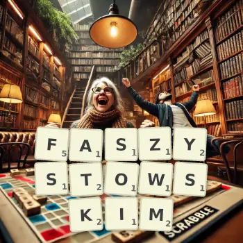 Kreatywna ilustracja do gry w Scrabble ze słowem FASZYSTOWSKIM ułożonym z płytek na planszy.