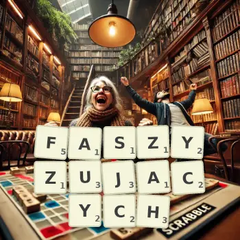Kreatywna ilustracja do gry w Scrabble ze słowem FASZYZUJACYCH ułożonym z płytek na planszy.