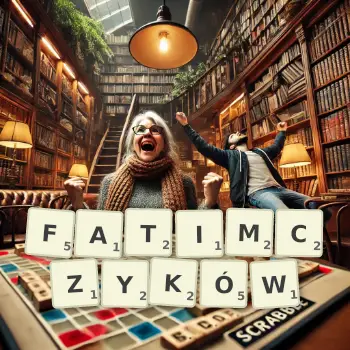Kreatywna ilustracja do gry w Scrabble ze słowem FATIMCZYKÓW ułożonym z płytek na planszy.