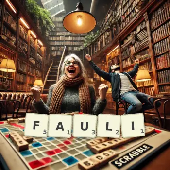 Kreatywna ilustracja do gry w Scrabble ze słowem FAULI ułożonym z płytek na planszy.
