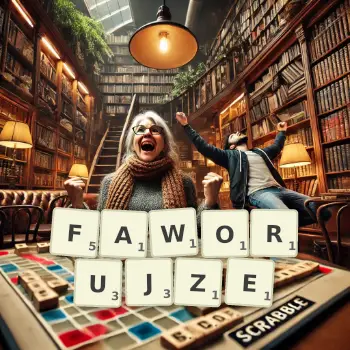 Kreatywna ilustracja do gry w Scrabble ze słowem FAWORUJZE ułożonym z płytek na planszy.