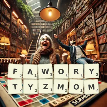 Kreatywna ilustracja do gry w Scrabble ze słowem FAWORYTYZMOM ułożonym z płytek na planszy.