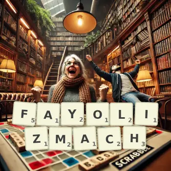 Kreatywna ilustracja do gry w Scrabble ze słowem FAYOLIZMACH ułożonym z płytek na planszy.