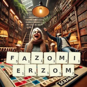 Kreatywna ilustracja do gry w Scrabble ze słowem FAZOMIERZOM ułożonym z płytek na planszy.