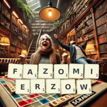 Kreatywna ilustracja do gry w Scrabble ze słowem FAZOMIERZOW ułożonym z płytek na planszy.