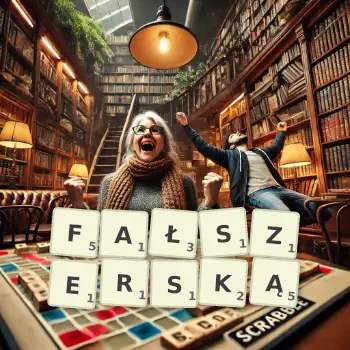 Kreatywna ilustracja do gry w Scrabble ze słowem FAŁSZERSKĄ ułożonym z płytek na planszy.