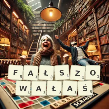 Kreatywna ilustracja do gry w Scrabble ze słowem FAŁSZOWAŁAŚ ułożonym z płytek na planszy.