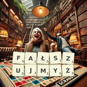 Kreatywna ilustracja do gry w Scrabble ze słowem FAŁSZUJMYŻ ułożonym z płytek na planszy.