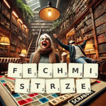 Kreatywna ilustracja do gry w Scrabble ze słowem FECHMISTRZE ułożonym z płytek na planszy.