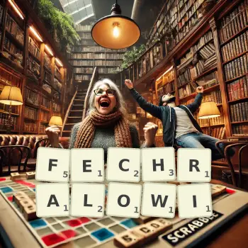 Kreatywna ilustracja do gry w Scrabble ze słowem FECHRALOWI ułożonym z płytek na planszy.