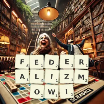 Kreatywna ilustracja do gry w Scrabble ze słowem FEDERALIZMOWI ułożonym z płytek na planszy.