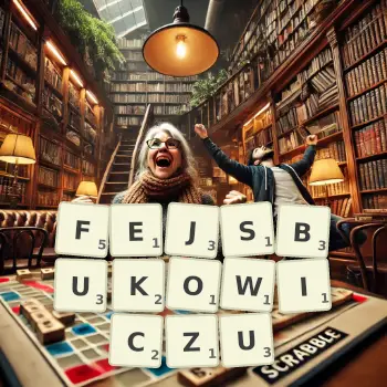 Kreatywna ilustracja do gry w Scrabble ze słowem FEJSBUKOWICZU ułożonym z płytek na planszy.