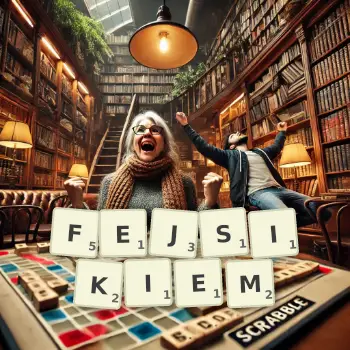 Kreatywna ilustracja do gry w Scrabble ze słowem FEJSIKIEM ułożonym z płytek na planszy.