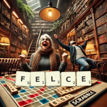 Kreatywna ilustracja do gry w Scrabble ze słowem FELCE ułożonym z płytek na planszy.