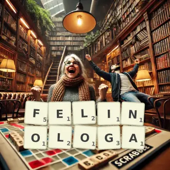 Kreatywna ilustracja do gry w Scrabble ze słowem FELINOLOGA ułożonym z płytek na planszy.