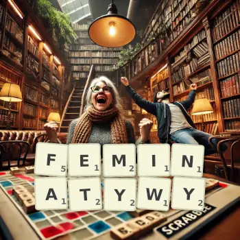 Kreatywna ilustracja do gry w Scrabble ze słowem FEMINATYWY ułożonym z płytek na planszy.