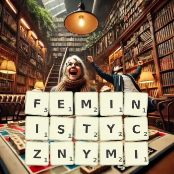 Kreatywna ilustracja do gry w Scrabble ze słowem FEMINISTYCZNYMI ułożonym z płytek na planszy.
