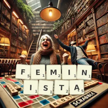 Kreatywna ilustracja do gry w Scrabble ze słowem FEMINISTĄ ułożonym z płytek na planszy.