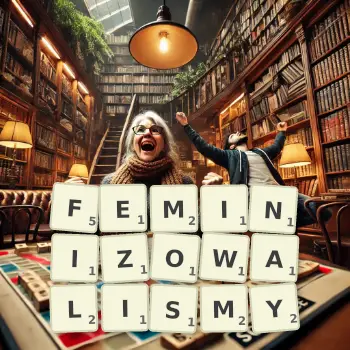 Kreatywna ilustracja do gry w Scrabble ze słowem FEMINIZOWALISMY ułożonym z płytek na planszy.