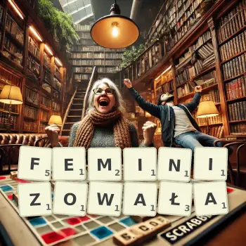 Kreatywna ilustracja do gry w Scrabble ze słowem FEMINIZOWAŁA ułożonym z płytek na planszy.