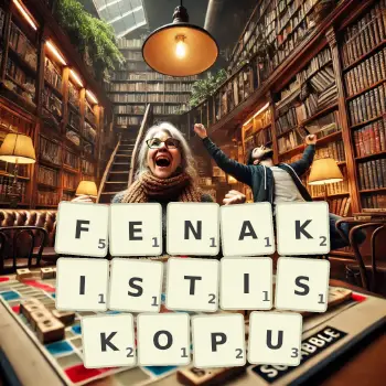 Kreatywna ilustracja do gry w Scrabble ze słowem FENAKISTISKOPU ułożonym z płytek na planszy.