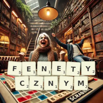 Kreatywna ilustracja do gry w Scrabble ze słowem FENETYCZNYM ułożonym z płytek na planszy.