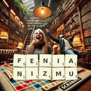 Kreatywna ilustracja do gry w Scrabble ze słowem FENIANIZMU ułożonym z płytek na planszy.
